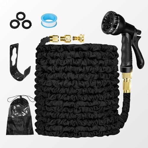 Image of Garden Hose Pipe Expandable 30m(100ft) Heavy Duty Flexible with Spray Gun, 3/4" 1/2" Solid Brass Fittings, Triple Latex Core, 8 Fuctions Kink Free Leak Proof Hosepipe, Black