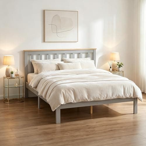 Image of Panana Solid Pine Wood Double Bed Frame 4FT6 Wooden Bed for Adults, Kids, Teenager, Grey+Wood, 135 * 190cm