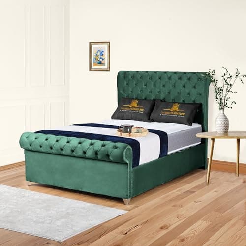 Image of Plush Velvet Arcade Sleigh Upholstered Bed Frame with Tufted Headboard & Footboard | Optional Gas Lift Storage with Optional Mattress (Green, 5FT King No Storage Slat Base With Mattress)