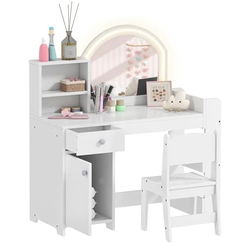 Image of AIYAPLAY Kids Dressing Table with Mirror and Stool, Girls Dressing Table with 2-Colour LED Mirror, Cabinet, Drawer, Bookshelf and Shelves for Ages 3-8 Years, Pink