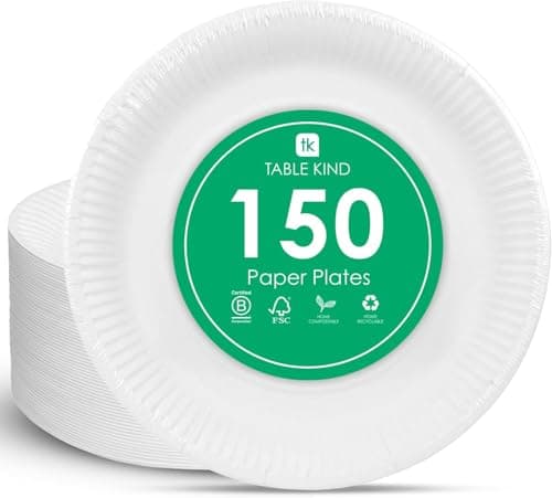 Image of Table Kind 150 x Disposable White Paper Plates 22cm for Catering & Everyday Use, Bulk Pack Eco-Friendly Recyclable Round Dishes, Birthday Party Supplies, Home Compostable Made in EU