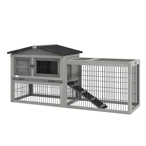 Image of PawHut Rabbit Hutch Outdoor, Wooden Guinea Pig Hutch with Run, Openable Roof, Pull-Out Tray, Ramp for 1-2 Rabbits, 150 x 52.5 x 68 cm, Grey