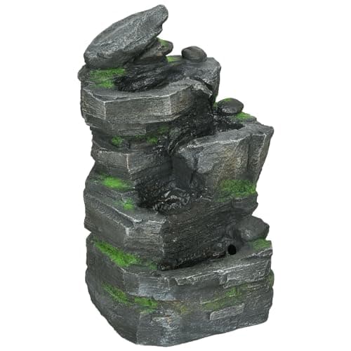 Image of Outsunny Solar Powered Garden Water Feature with LED Lights and Pump, 4 Tier Cascading Water Fountain for Indoor/Outdoor, Stacked Stone Rock Waterfall Ornament, 57cm Height, Dark Grey