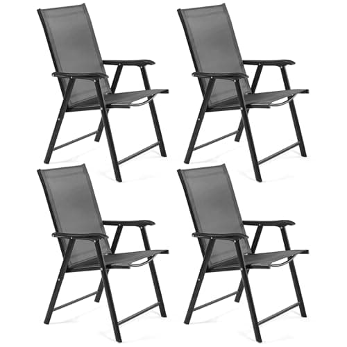 Image of Yaheetech Patio Folding Dining Chairs Set of 4 with Breathable Texteline Fabric, All Weather Outdoor Folding Garden Chairs with Steel Frame for Garden, Lawn, Porch, Backyard, Poolside, Black