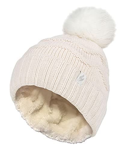 Image of HEAT HOLDERS Ladies Winter Fur Beanie Hat Zigzag Patterned Pom Pom Hat | Womens Thermal Cuff Bobble Hat (One Size, Cream)