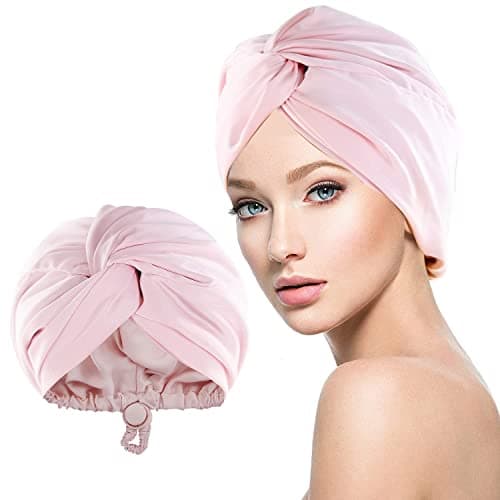 Image of WUBAYI Silk Bonnet for Sleeping, Silk Hair wrap for sleeping, Satin Bonnet with Elastic Adjustable Button, Soft Hair Cover for Sleeping Cap for Long Straight Curly Hair Pink