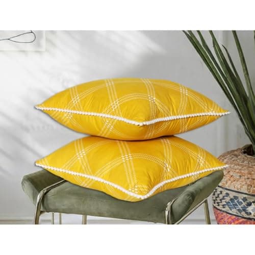 Image of RD TREND® Pom Pom Cushion Covers 16 x 16 Inch Set of 2 | Premium Cotton Checked Fabric Throw Pillow Covers for Sofa, Living Room & Home Décor Yellow