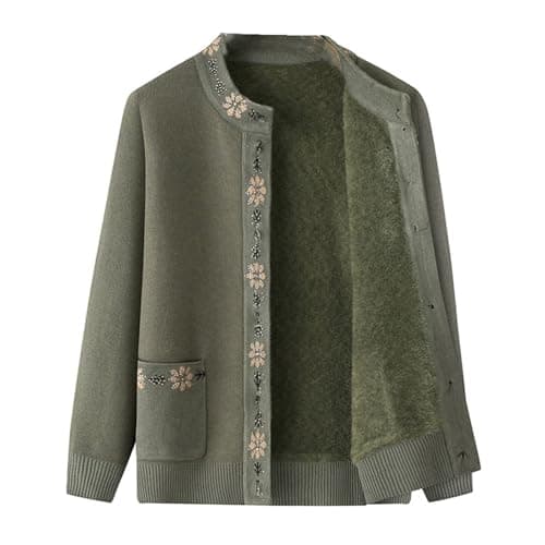 Image of Middle-Aged Elderly Winter Thick Warm Women's Sweater Cardigan Front Button Loose Round Neck Long Sleeve Jacket Tops Coat(Green,XL)