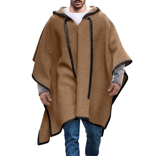 Image of tacniseyw Thickened Cape Men's Wool Poncho Versatile Trendings Hoodie Winter Blanket Poncho Men Portable Warm Leisure Daily Travel Clothing Cowboy Hippie Jacket With Hood Hip Hop Y2K Streetwear Khaki