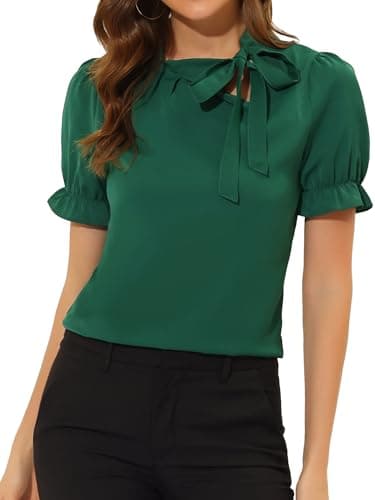 Image of Allegra K Women's Bow Tie Neck Tops Elegant Office Short Sleeve Blouse Deep Green 12