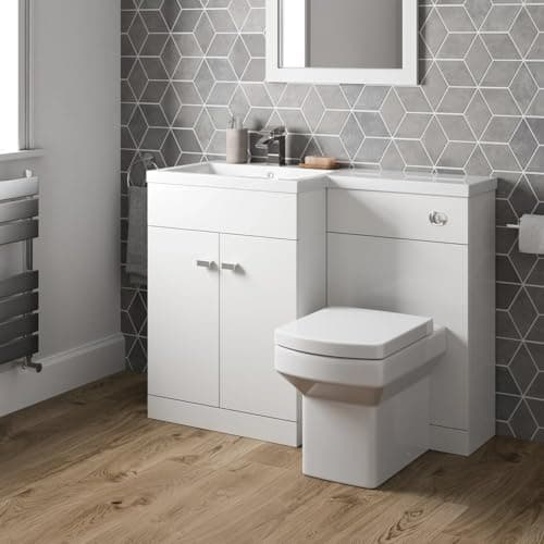 Image of BAYSTONE 1100mm Bathroom Vanity Unit Toilet WC Combination Basin Sink Storage Cabinet Freestanding Soft Close Door, Modern, Left Hand, White Gloss