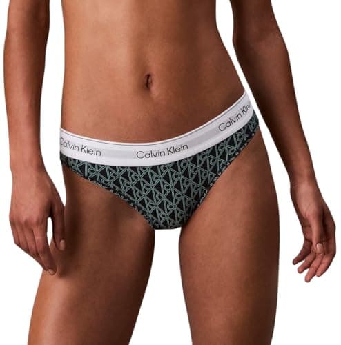 Image of Calvin Klein Women’s Bikini Briefs with Logo Waistband, Green (Bijou Modern Emblem Outline+Stratif), S