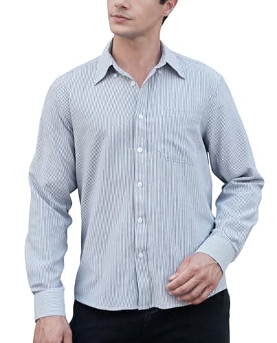 Image of HISDERN Men's Oxford Shirt Long Sleeve Adult Casual Button Down Smart Dress Shirts for Men with Pocket Regular Fit Navyblue/White XL