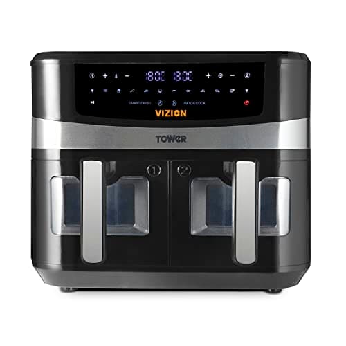 Image of Tower T17100 Vortx Vizion 9L Double Basket Air Fryer with Digital Control Panel and 10 One-Touch Preplays, Black