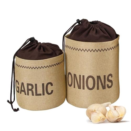Image of FENGZIZH Potato Storage Bag - Garlic and Onion Bag, Linen Onion Storage Bags with Drawstring, Food Storage Bags for Kitchen Classification, Multiple Uses, Brown (2 Pack)