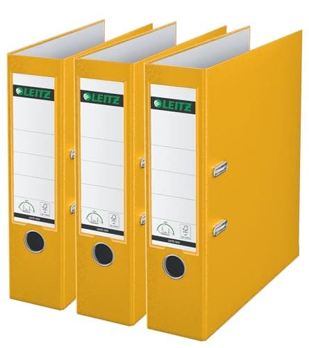 Image of Leitz Lever Arch File, Yellow, Plastic, A4, 80 mm spine, Pack 3, 310335115