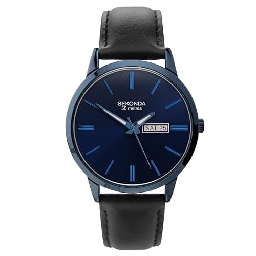 Image of Sekonda Mens 40mm Quartz Watch Blue Case and Black Leather Strap with Blue Dial 1843