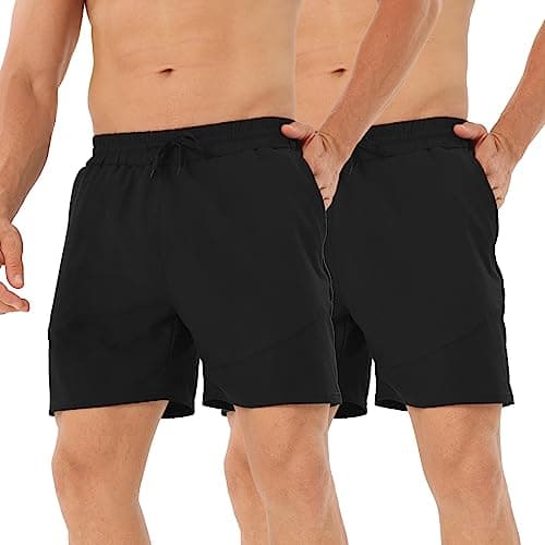 Image of HOPLYNN Men's 2 Pack Running Shorts Lightweight Breathable Sports Gym Training Shorts with Drawstring and Zippered Pockets 2Black M