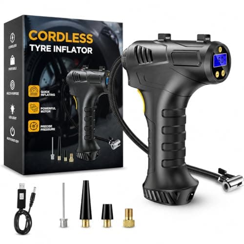 Image of Skeufy Cordless Tyre Inflator Air Compressor, 12V USB Rechargeable Battery Portable Handheld Electric Digital Tyre Pump with LED Light and 3 Nozzle Adaptors for Car Motorcycle Bicycle (blackyellow)