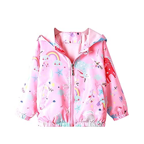 Image of Bluesaly Girls Hooded Jacket Pink Rainbow Horse Outwear Kids Windbreaker Windproof Long Sleeve Coat Sunscreen Anti-Fog Raincoat Clothes Outfits Zip Up Lightweight Soft Thin Age 5-6 Years