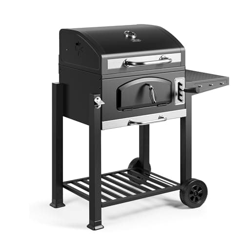 Image of VonHaus Charcoal BBQ – XL Portable Barbecue with Warming Rack, Fold Down Shelf, Temperature Gauge, Wheels, Large Cooking Grill, Air Vents – 2 in 1 Barbeque and Wood Smoker – Grill Meat, Fish & Veg