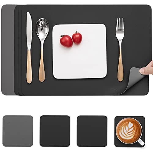 Image of Myir JUN Leather Table Mats and Coasters, Dual-Sided Leather Placemats and Coasters Waterproof Placemats Set of 4 Place Mats Non-Slip Washable Table Mats (Grey Black, Set of 4)
