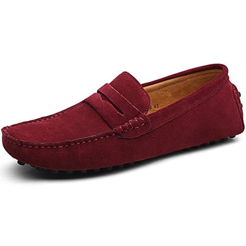Image of Jamron Men's Suede Leather Penny Loafers Comfort Driving Shoes Moccasin Slippers Burgundy 2088 UK10