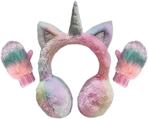 Image of Gifts Treat Girls Earmuffs and Mittens Set Kids Unicorn Ear Muffs and Knitted Gloves Set in Colorful Plush Design, 2P-Color Unicorn, 7-14Y