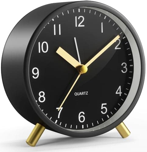 Image of YouJabz Analogue Alarm Clock, Super Silent Non Ticking with Night Light, Battery Operated, Fashionable Round Metal Alarm Clock for Office, Bedroom, Elderly, Adults, Children, School Gift(Black)