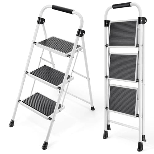 Image of KINGRACK 3 Step Folding Ladder With Non-Slip Wide Pedal, Handle, Sturdy Steel Construction - Lightweight and Portable, White