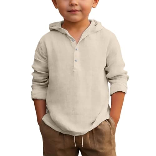 Image of Generisch Boys Summer Hooded Top Long Sleeve Button Down Breathable Solid Color Tops for Teens Teens Kids, beige, 12-13 Years