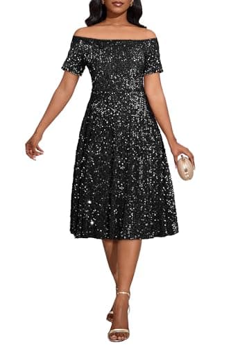 Image of IWFEV Women's Off Shoulder Short Sleeve with Pockets Skater Glitter Sparkly A-line Midi Party Cocktail Sequins Dress XXL Black