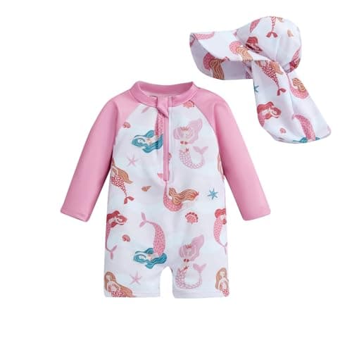 Image of Toddler Baby Girl Swimsuit and Hat Zip Up Long Sleeve All in One Swimming Costume UV Sun Protection Swimwear One Piece Swimming Suit Rash Guard Sunsuit (Animal Mermaid Light Rose, 12-18 Months)