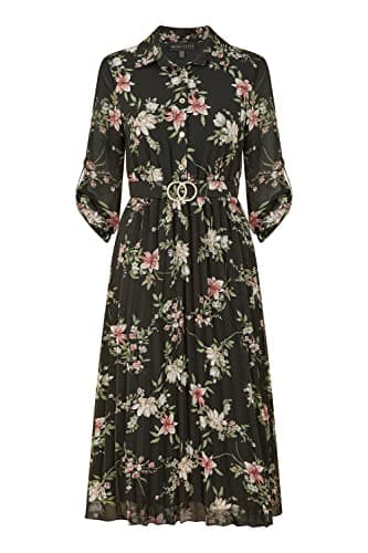 Image of Mela London Mela Black Floral Print Midi Dress with Gold Buckle Belt Detail 16 Black