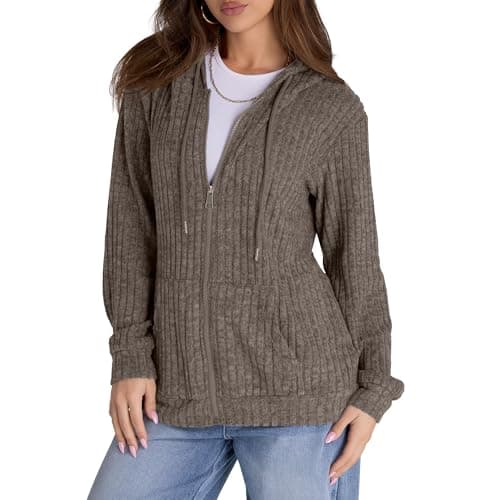 Image of TASAMO Women's Oversized Sweatshirt Zip Up Hoodies Lightweight Open Front Cardigans Jackets with Pockets Brown