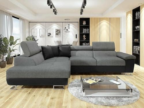 Image of Ashbourne Corner Sofa Bed with Storage – Left Hand Facing L Shaped Fabric Sofa Bed Grey & Black – Pull Out Sleeper Couch Double Bed – Modern Sectional Sofa for Living Room