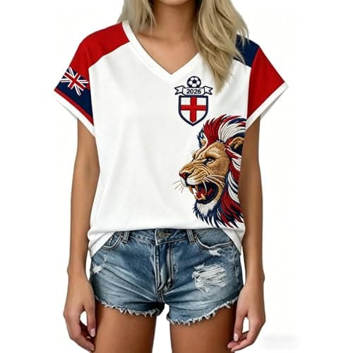 Image of 2026 Football Cup Women's Shirt England Ladies Football Tops Short Sleeve Graphic V-Neck Shirts Breathable T-Shirt for Women Sports Fans Outdoor Athletic Slim Fit Shirts (Red-B, S)