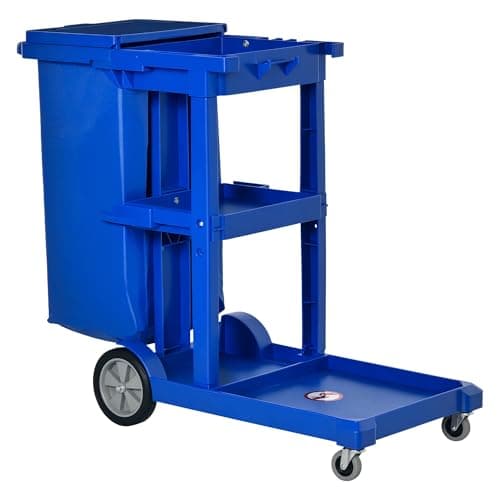 Image of HOMCOM Cleaning Carts On Wheels, Janitorial Trolley with 3 Tier Shelves, Housekeeping Utility Service Unit with Rubbish Bag and Mop Mount for Hotel, Office, Blue