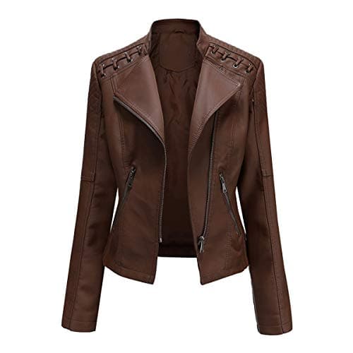 Image of YYNUDA Women's Stylish Faux Leather Jacket Zip Up Moto Biker Classic Short Jacket Coat Coffee M
