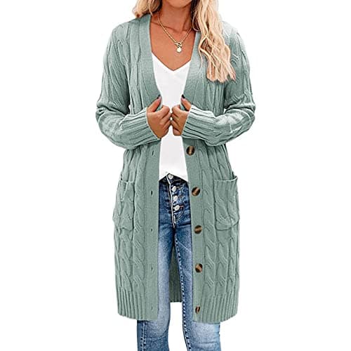 Image of Earnmore Womens Long Sleeve Cable Knit Long Cardigan Open Front Button Sweater Outerwear, Light Green, M