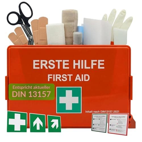 Image of Floordirekt First Aid Box - DIN 13157:2021 - Includes Wall Bracket, 5 x Stickers & Seal - First Aid Kit Operation - First Aid Case for Business - Office & Home - First Aid Kit