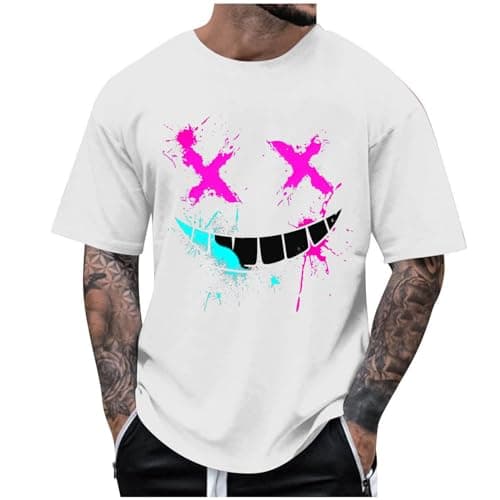 Image of Mens T Shirt Short Sleeve Printed T Shirts for Men UK Oversized Y2K Streetwear Funny Smiling Face T-Shirts Fashion Crew Neck Tshirts Stretchy Tee Tops Everyday Wear Clothes White 2 XL