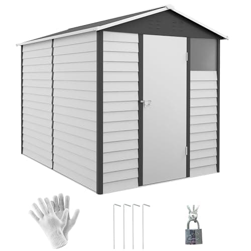 Image of Outsunny 9 x 6ft Metal Garden Shed with Sloped Roof, Lockable Door, Galvanised Tool Storage for Yard, Patio, Lawn, Dark Grey