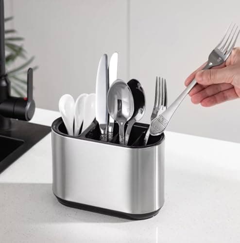 Image of Mayaaran Cutlery Drainer and Utensil Organiser – Stainless Steel Kitchen Utensils Holder with Removable Tray – Compact Cutlery Storage Caddy – Fingerprint proof & Easy to Clean