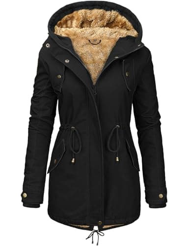 Image of Vancavoo Womens Parka Winter Coats Hooded Coat Fleece Lined Jacket Ladies Arctic Velvet Outdoor Warm Hoodies zip up Sweatshirt Windbreaker Hoodies Cotton Outwear with Pockets(Black,S)