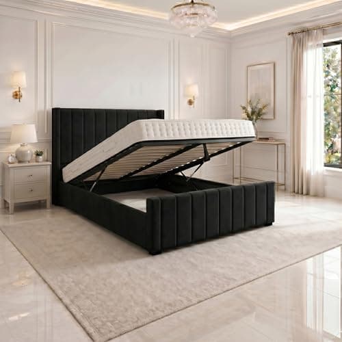 Image of SANA SLEEP 5FT Ottoman Panel Wing Plush Velvet Upholstered Bed Frame With Storage Option - Plush Black