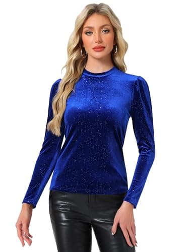 Image of Allegra K Velvet Tops for Women's Christmas Puff Long Sleeve Mock Neck Vintage Shiny Metallic Blouse X-Large Royal Blue
