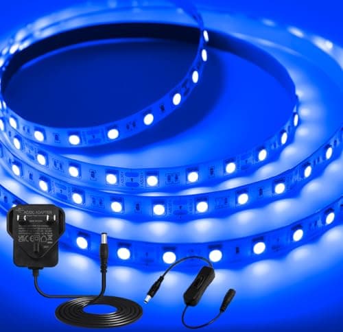 Image of iNextStation 5M Blue LED Strip Lights, 300 LEDs SMD5050 Cuttable Tape Lights with Plug, 12V Flexible Self Adhesive Light Kit for Gaming Room Monitor Bedroom TV Backlight Bar Ceiling Indoor Decor