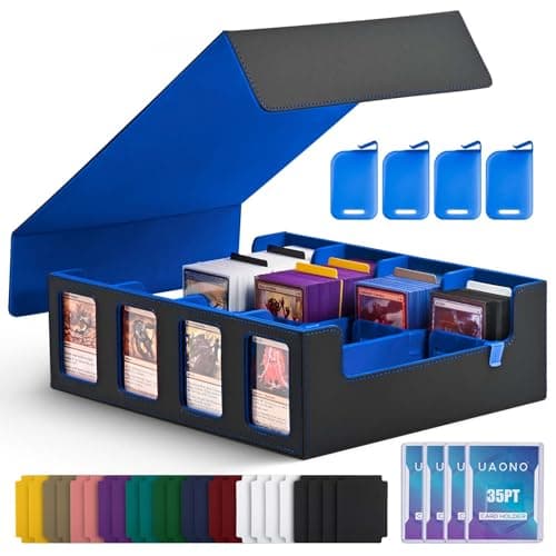 Image of UAONO Trading Card Storage Box for Commander Display, 2400+ MTG Deck Box with 4 Top Loader, TCG Card Case fits Magic PTCG Sports Cards(Black&Blue)
