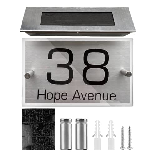 Image of BNGXR Solar House Number, LED Stainless Steel Illuminated Solar House Number with 4 IP44 LEDs with Numbers 0-9 & A-Z Letters and Twilight Switch for Outdoor